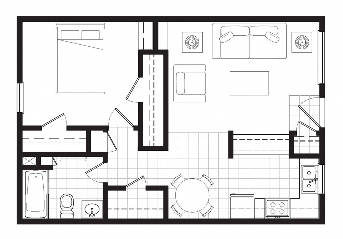 Floor plan for 1 bed, 1 bath, 625 sqft